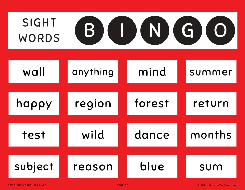 Bingo card 2 for Fry sight words 501-600: students listen and cover wall, anything, region, forest, months and subject