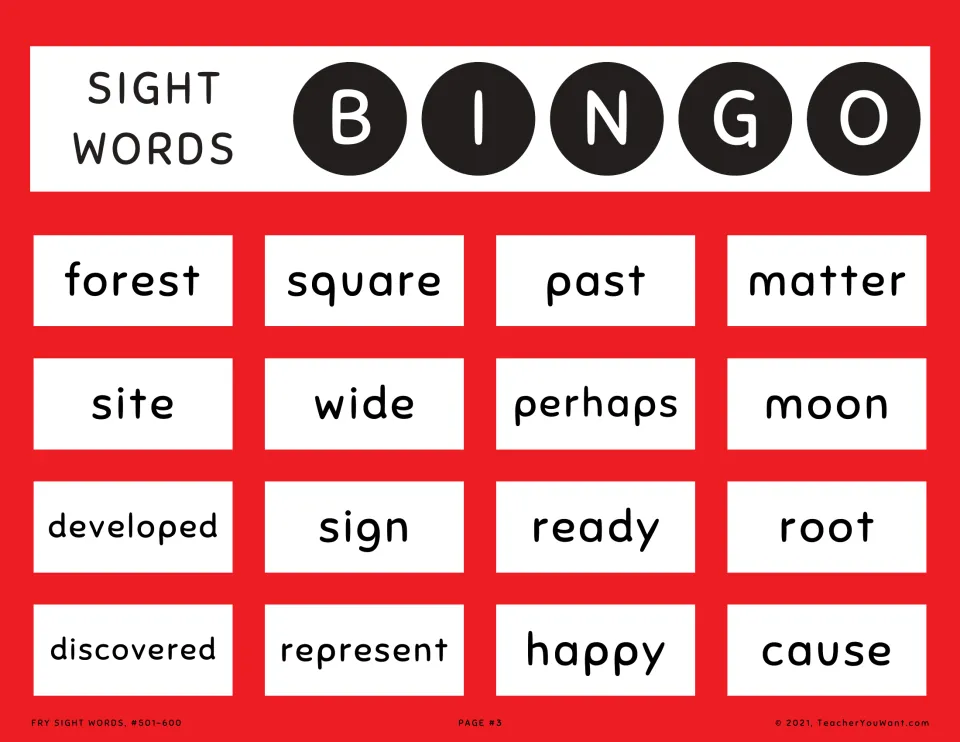 Sight word bingo card 3: players find and mark square, matter, developed, discovered, represent and cause when called