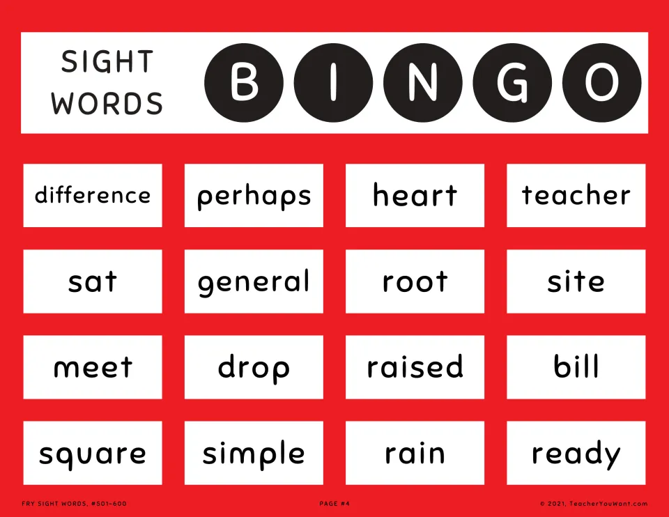 Fry words 501-600 bingo card 4: students recognize and cover difference, teacher, general, drop, bill and simple