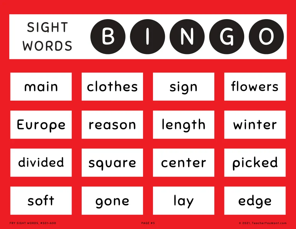 Sight word bingo card 5: players spot and mark clothes, Europe, winter, divided, center, gone and edge as read aloud