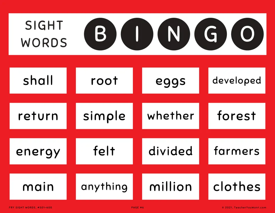 Bingo card 6 with Fry sight words: students cover shall, eggs, whether, energy, felt, farmers and million when called