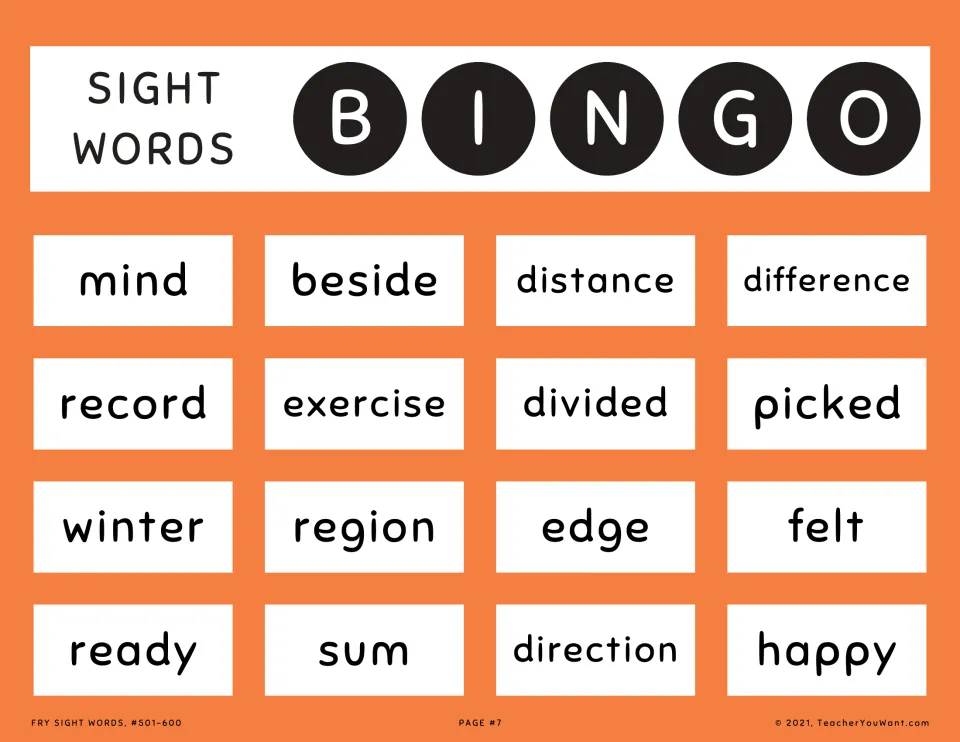 Orange sight word bingo card 7: students listen for and mark beside, record, exercise, region, direction and happy