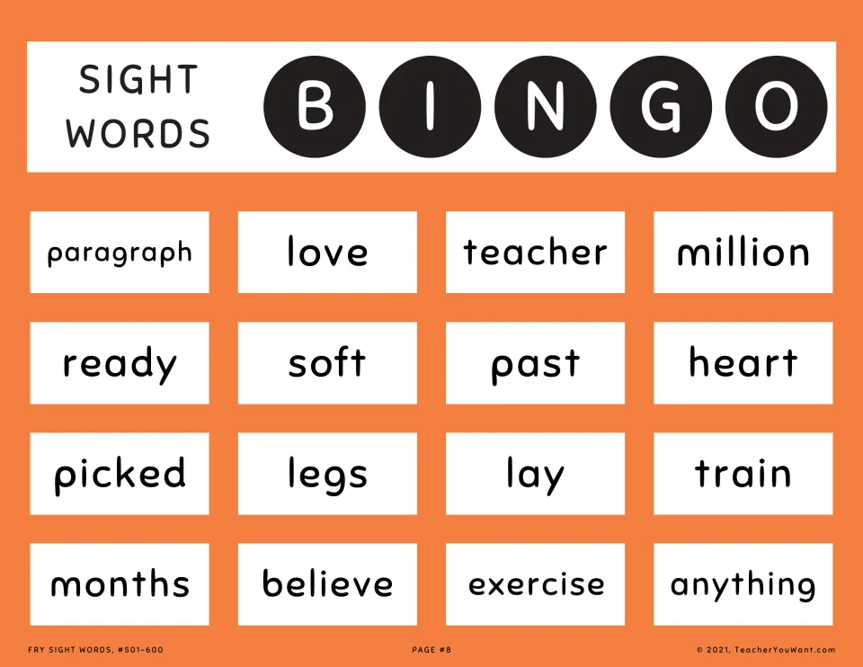 Fry sight words bingo card 8: players cover paragraph, love, teacher, legs, train, believe and anything as they are read