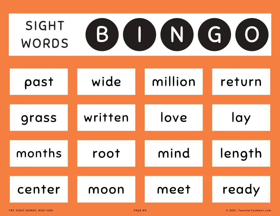 Sight word bingo card 9 in orange: students hear and mark past, wide, grass, written, length, moon and meet