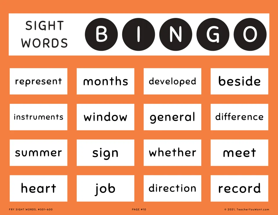 Bingo card 10, Fry words 501-600: students find and cover instruments, window, months, job, record and beside when called