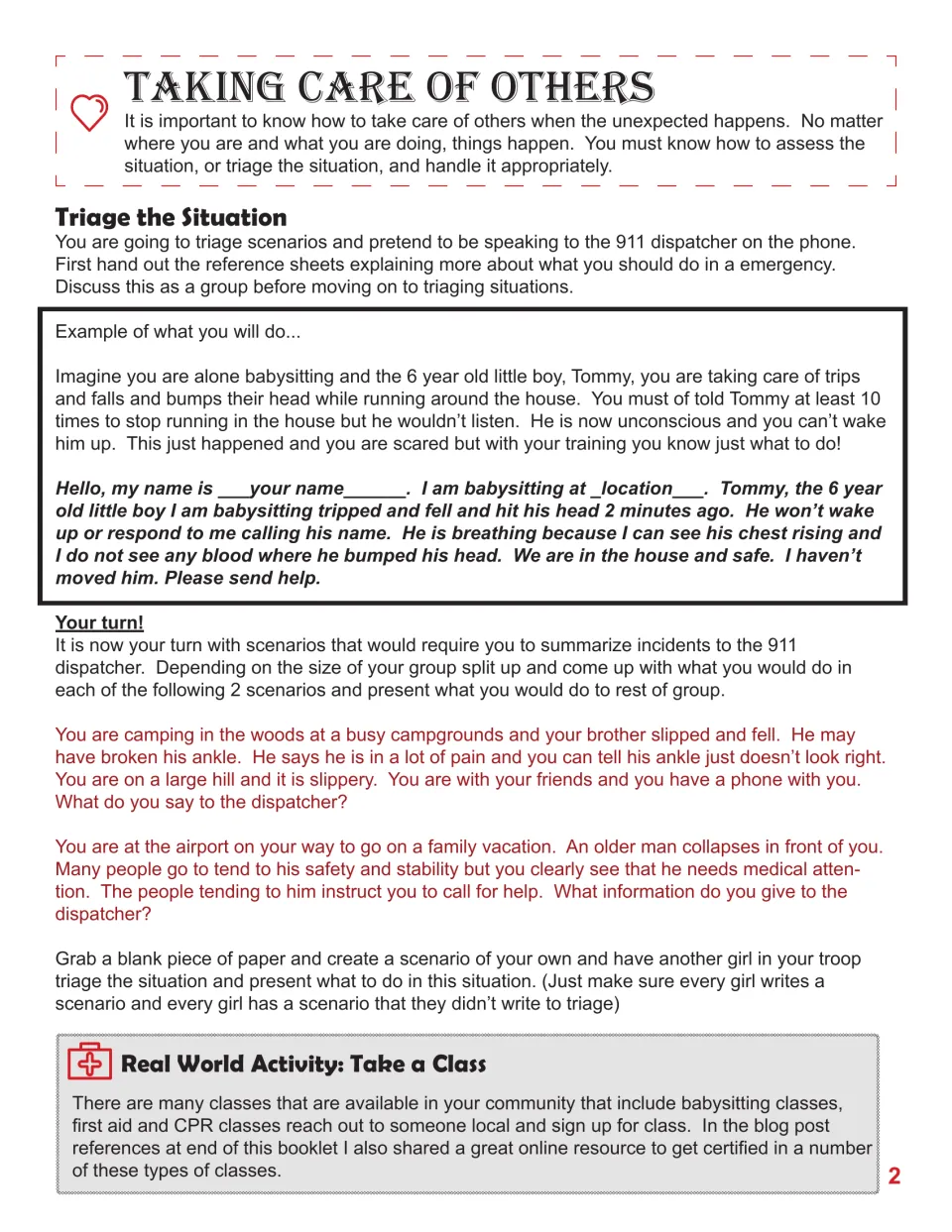 Emergency scenario activity: practice 911 calls for a babysitting injury, a camping fall, and an airport collapse