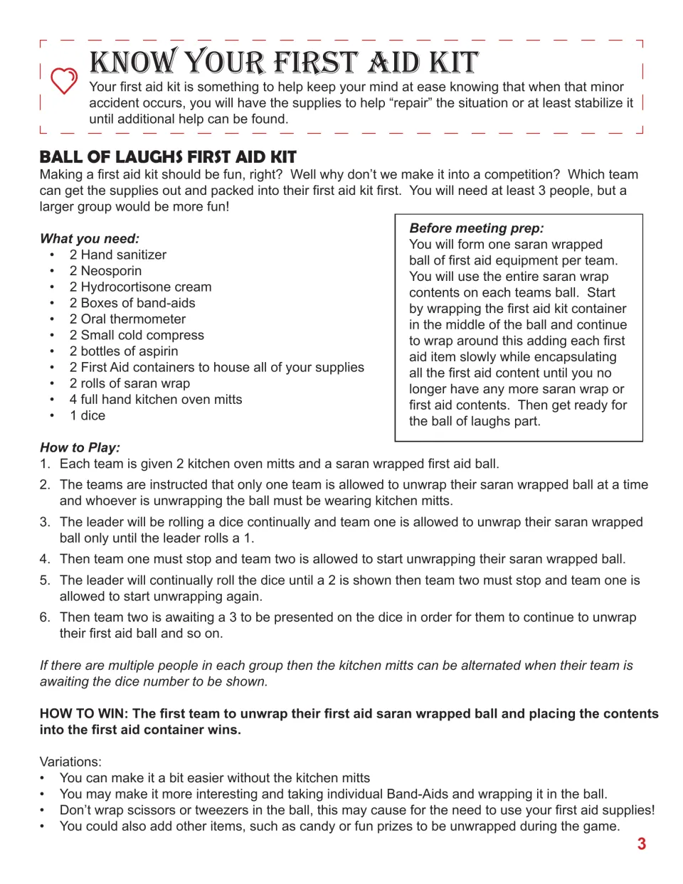 First aid kit game instructions: teams unwrap supplies using oven mitts while a leader rolls a die
