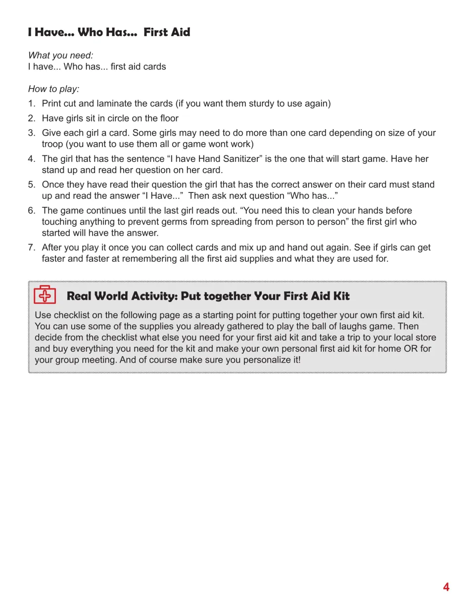 Instructions for the first aid 'I Have... Who Has...' card game and an activity to assemble a personal kit