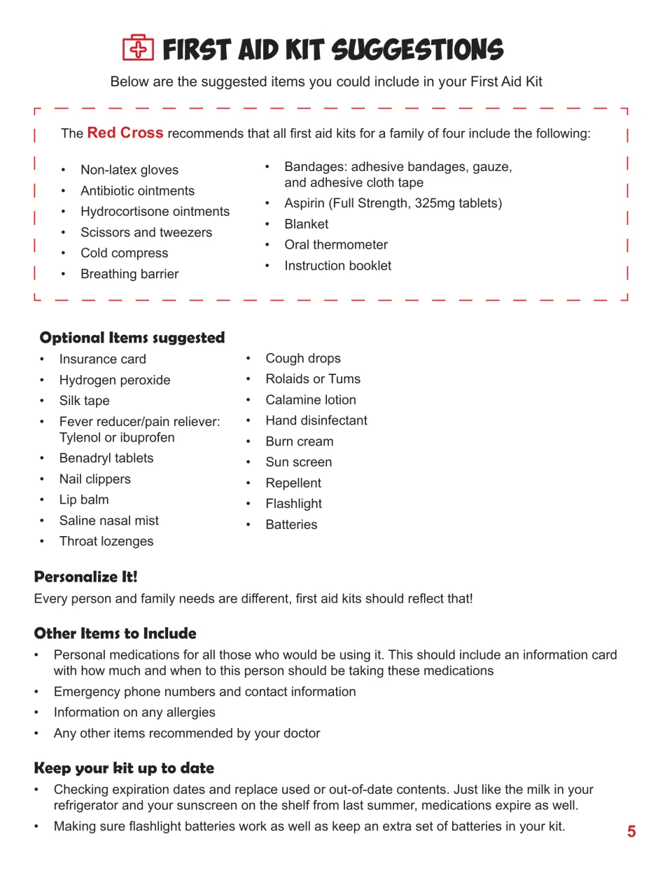 First aid kit checklist lists suggested supplies, optional items, personal information, and upkeep tasks