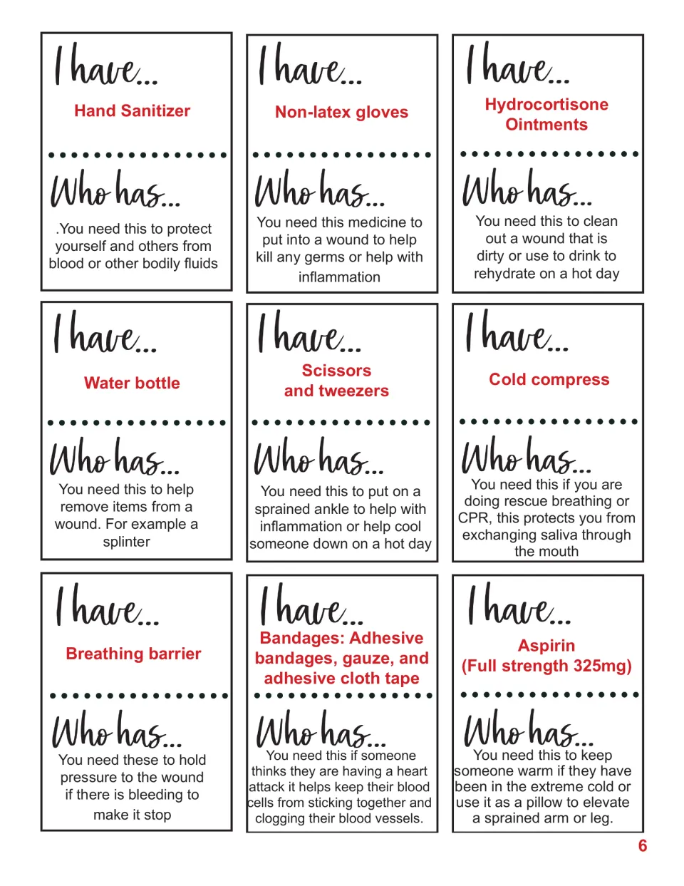 First aid game cards 1–9: hand sanitizer, non-latex gloves, hydrocortisone ointments, and six more supplies