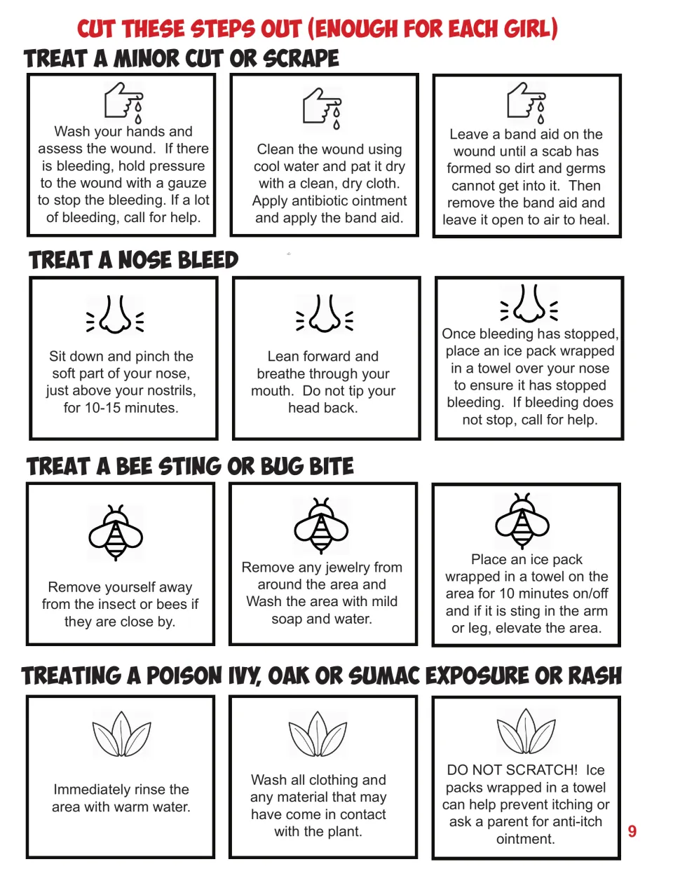 Twelve cutout step cards for the scavenger hunt cover cuts, nosebleeds, bee stings or bug bites, and plant rashes