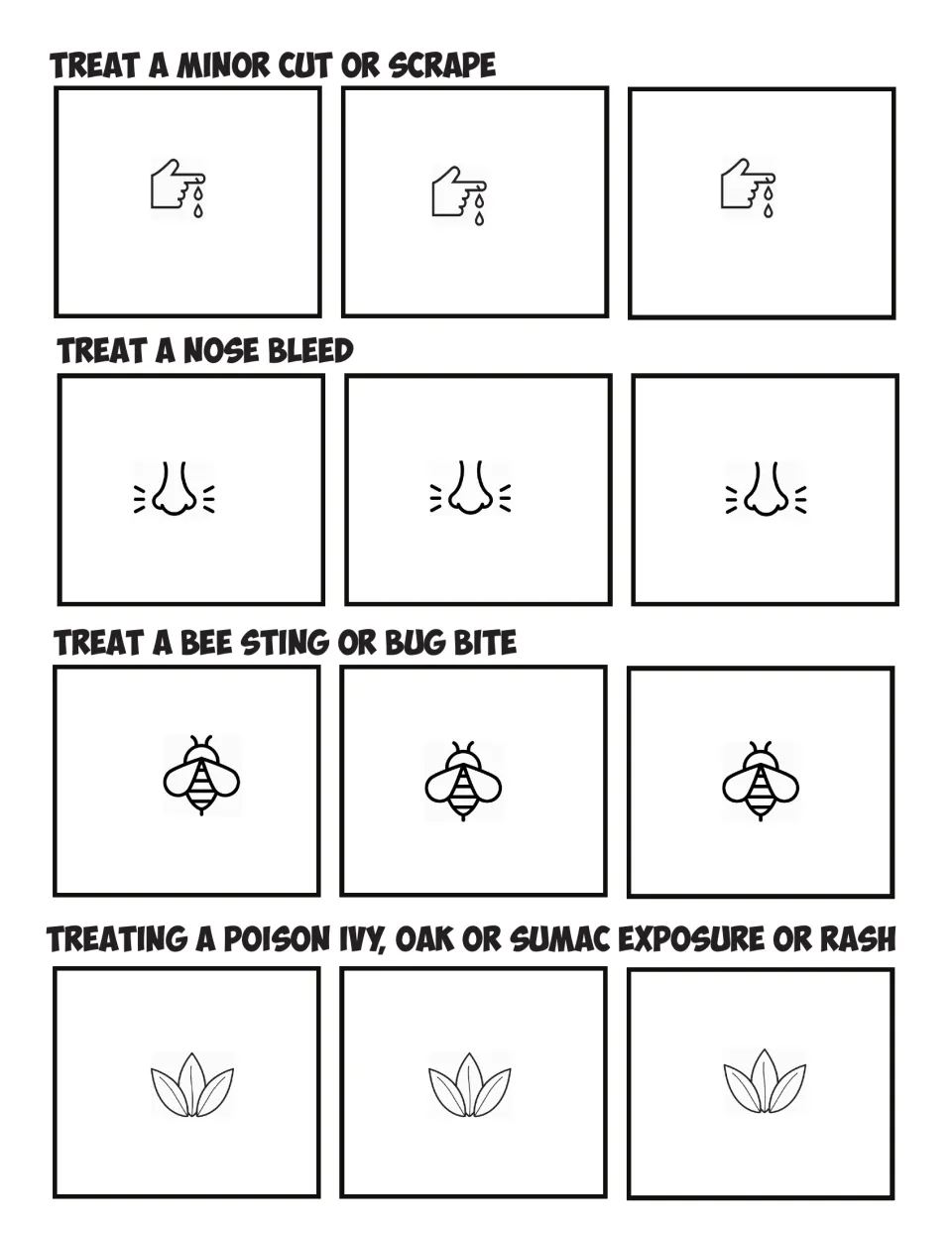 Scavenger hunt worksheet for arranging three steps each for cuts, nosebleeds, stings or bites, and plant rashes