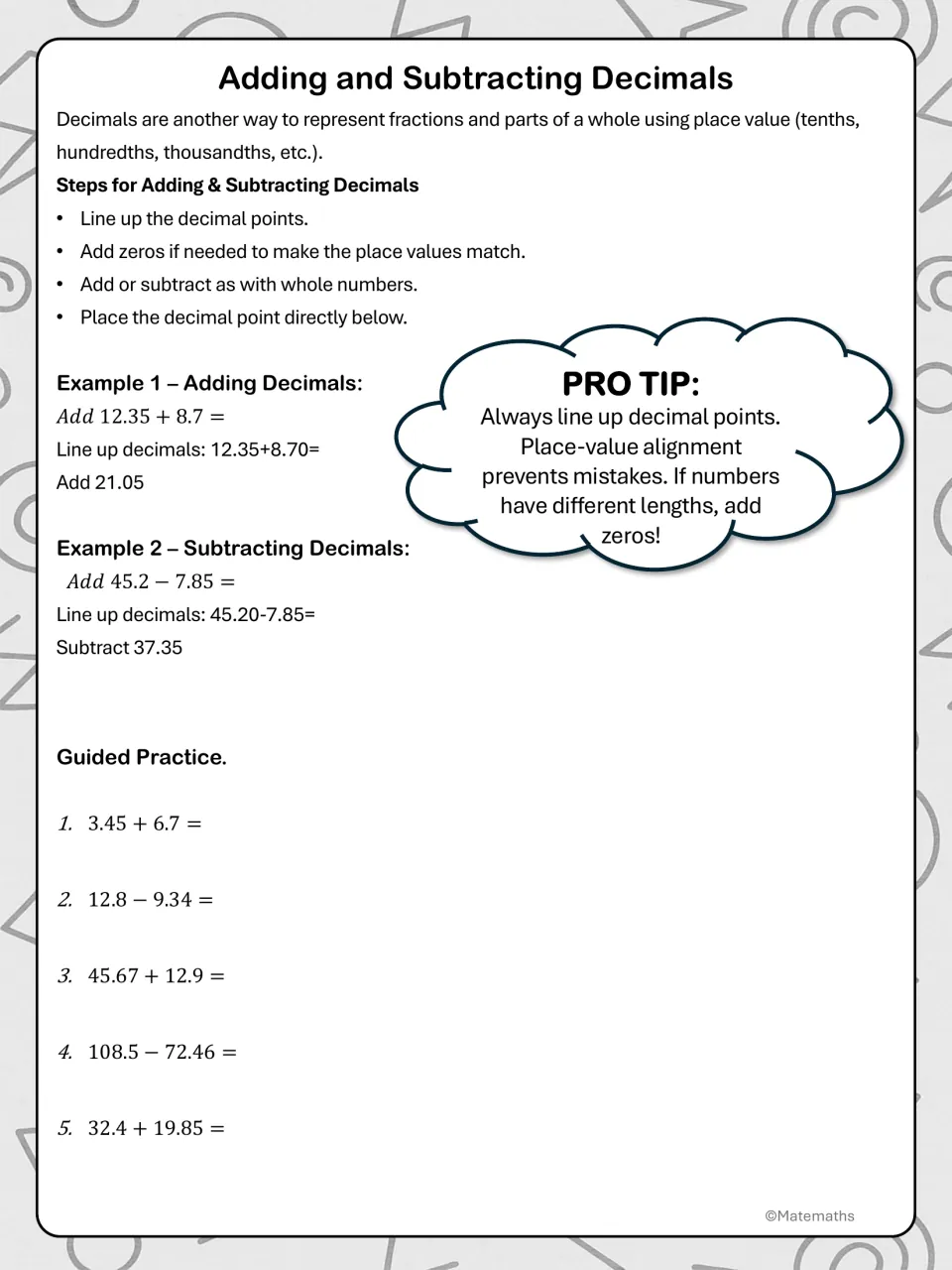 Decimal addition and subtraction notes: four steps, two worked examples and a pro tip, then 5 guided practice problems