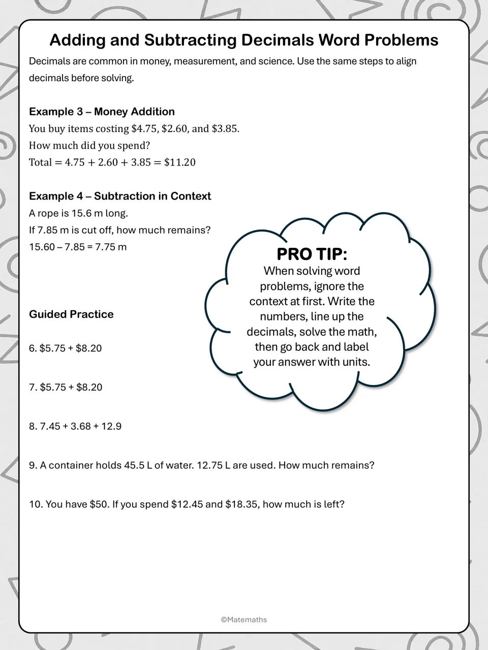 Decimal word problems notes: money and rope length examples, a pro tip on units, then guided practice items 6 to 10