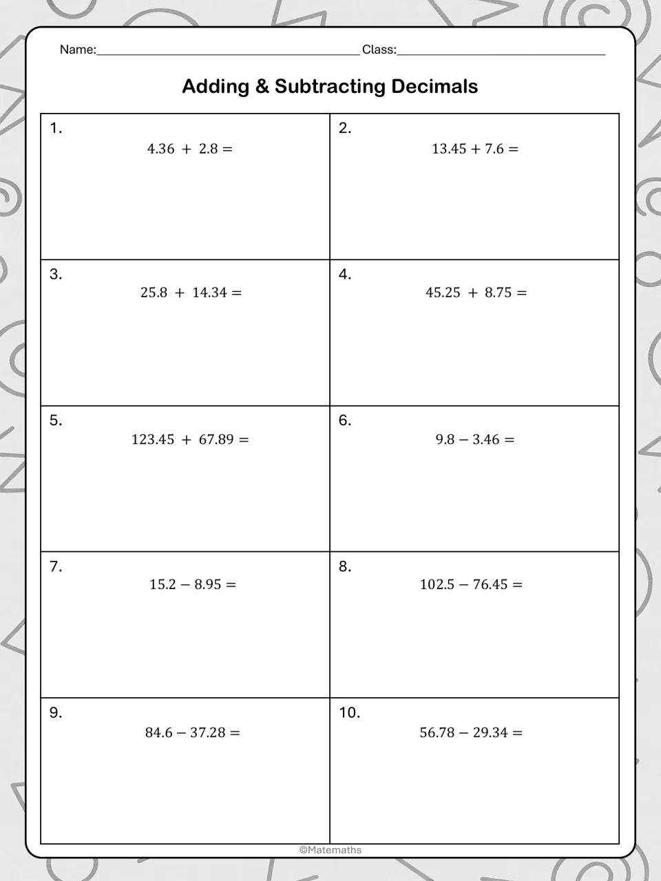 Adding and subtracting decimals practice: students solve 10 problems such as 4.36 + 2.8 and 102.5 − 76.45