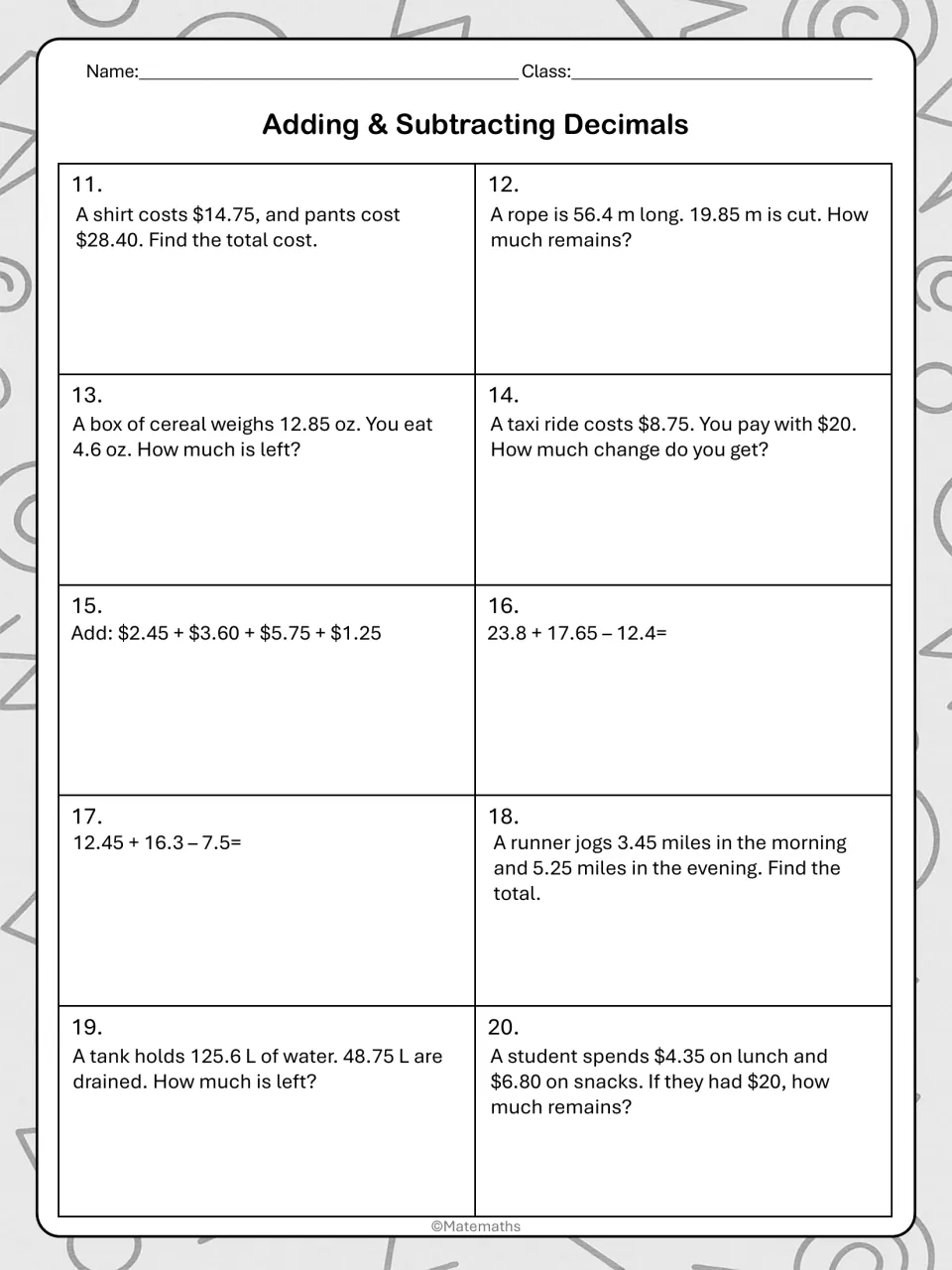 Decimal word problems 11 to 20: students find totals, change and amounts left for money, rope, cereal, miles and liters