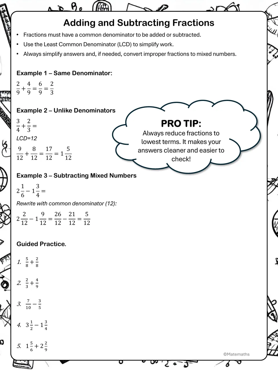 Fraction rules and worked examples: same and unlike denominators, LCD and mixed numbers, then 5 guided practice problems