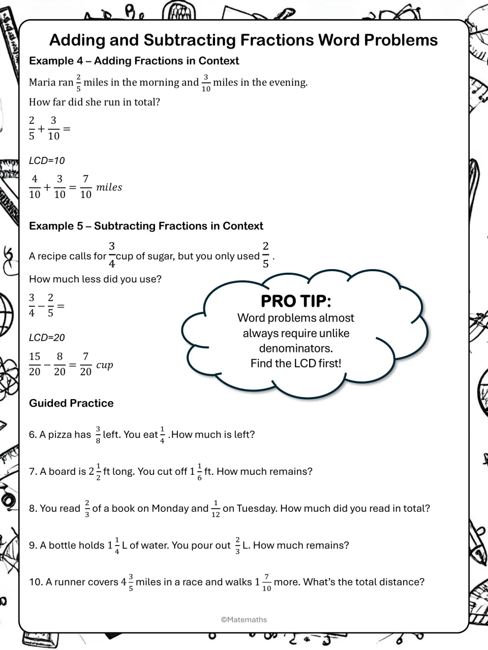 Fraction word problems: worked running and recipe examples using the LCD, then students solve 5 story problems (6-10)
