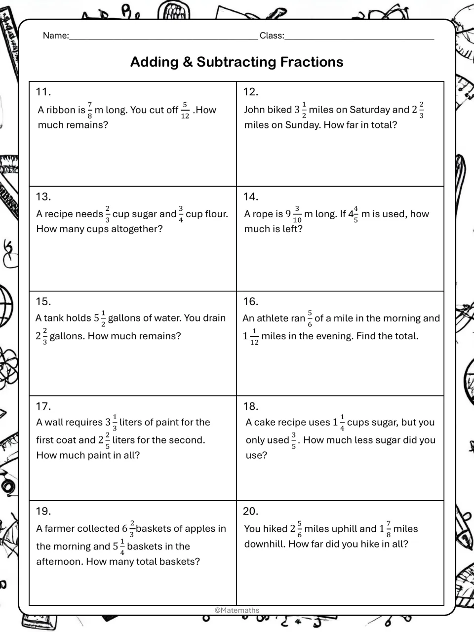 Fraction story problems 11-20: students add or subtract fractions and mixed numbers for ribbons, recipes, tanks and hikes