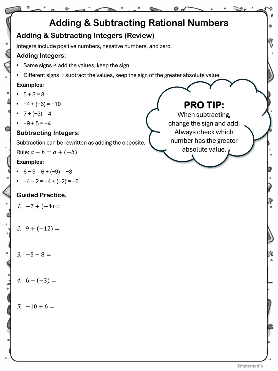 Integer review notes: sign rules for adding, subtraction as adding the opposite, worked examples and 5 guided problems