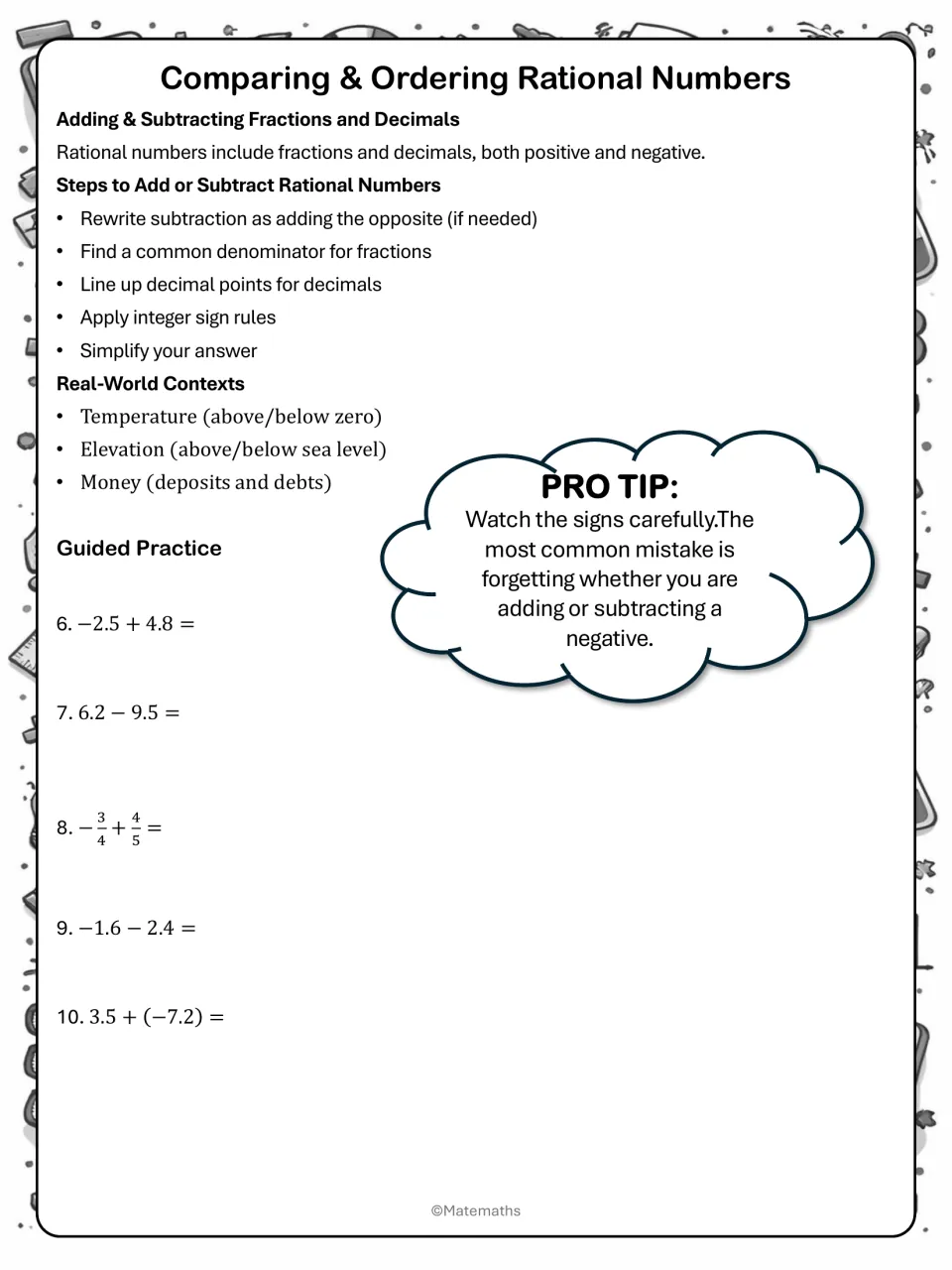 Fraction and decimal notes: steps to add or subtract signed values, real-world contexts, then guided problems 6 to 10