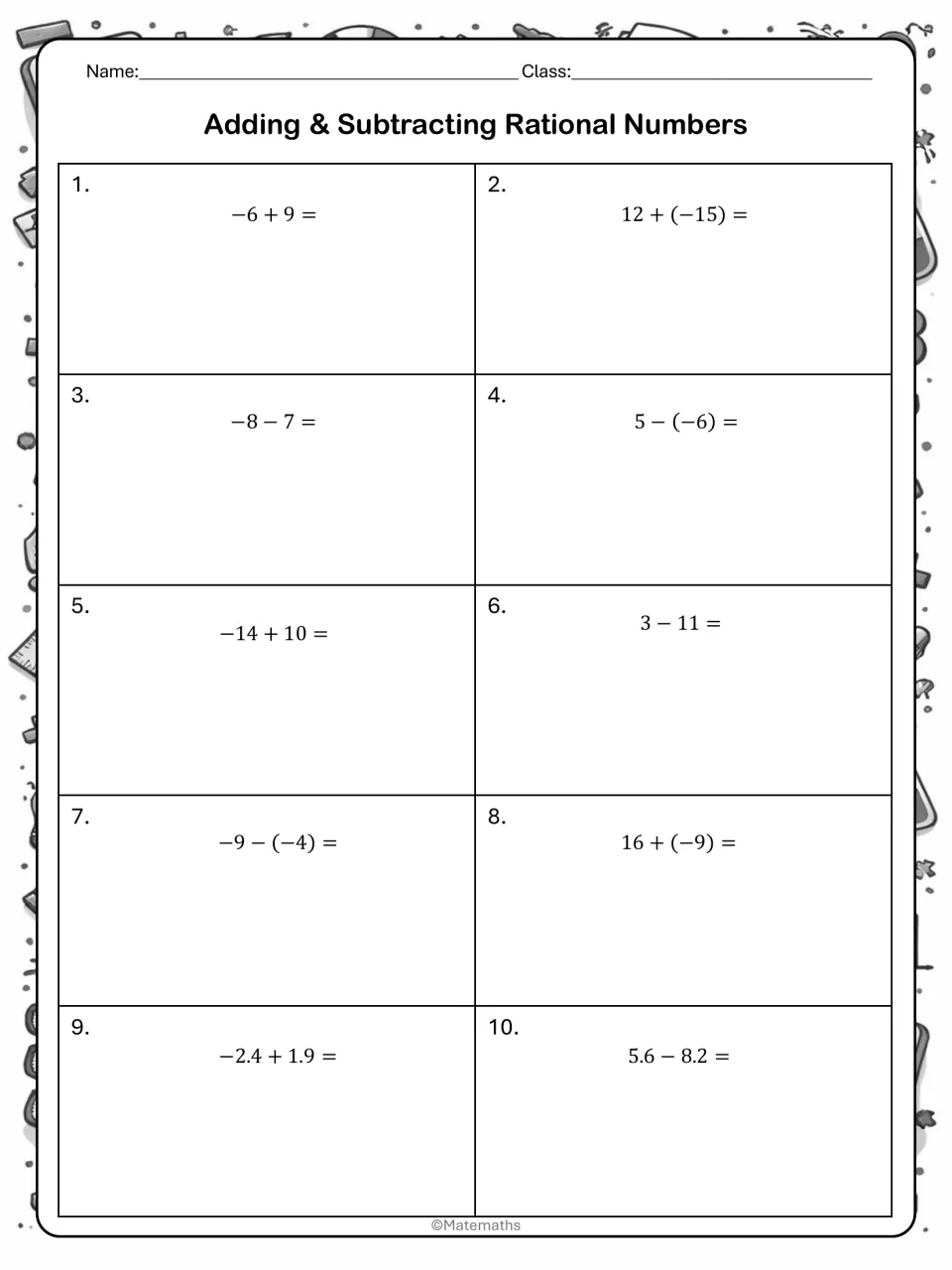 Rational number practice: students add and subtract integers and decimals in 10 problems such as −6 + 9 and 5.6 − 8.2