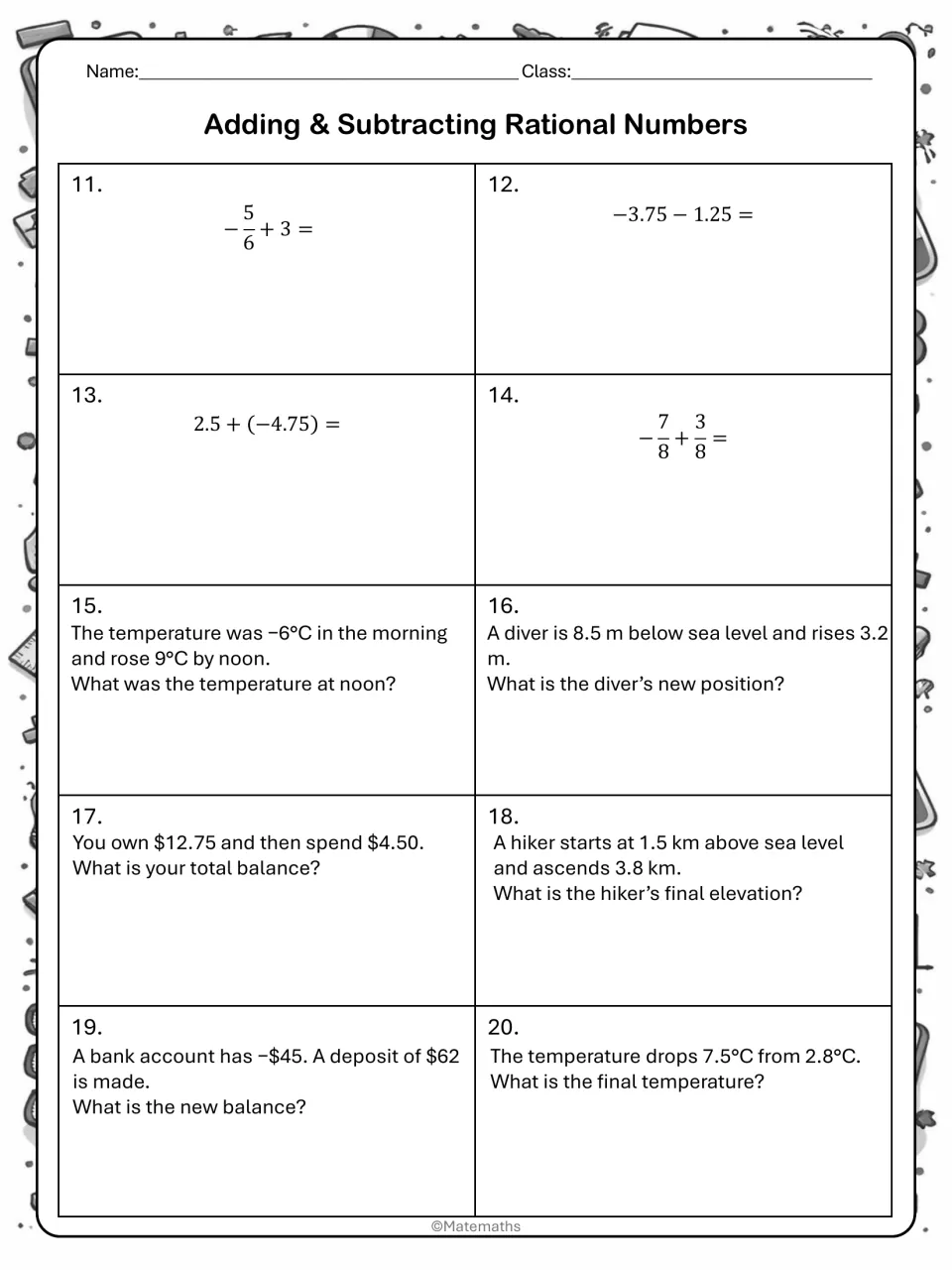 Signed fractions and decimals: students solve problems 11 to 20, then word problems on temperature, sea level and money