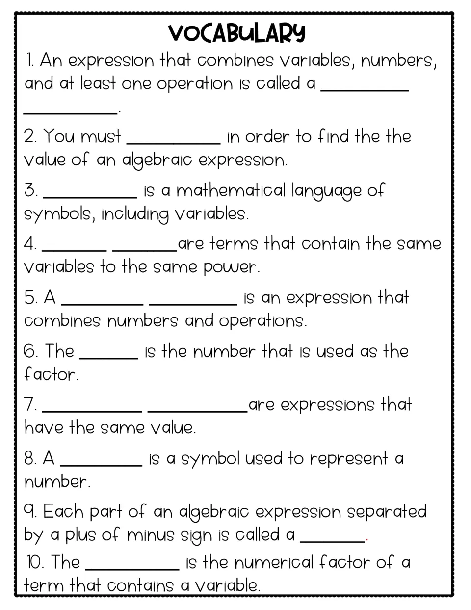 Algebra vocabulary review: students fill in 10 blanks with terms such as variable, coefficient, base and like terms