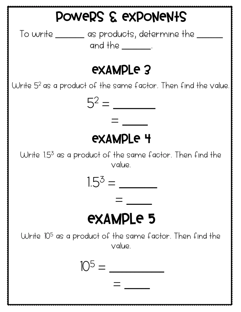 Expanding powers: students write 5², 1.5³ and 10⁵ as repeated factors of the same number, then find each value