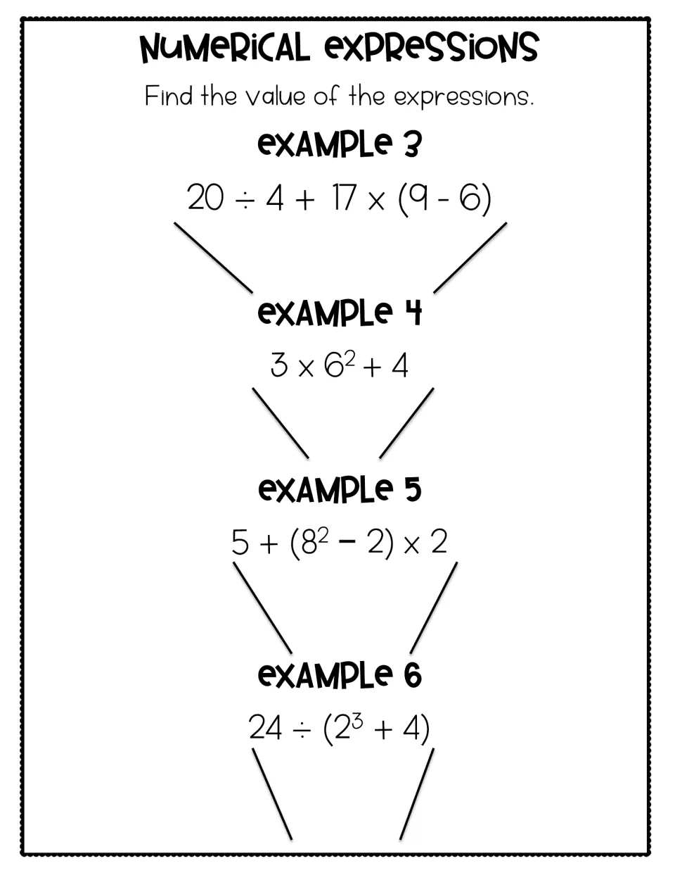 Multi-step evaluation: students simplify four expressions with parentheses and powers, like 20 ÷ 4 + 17 x (9 − 6)