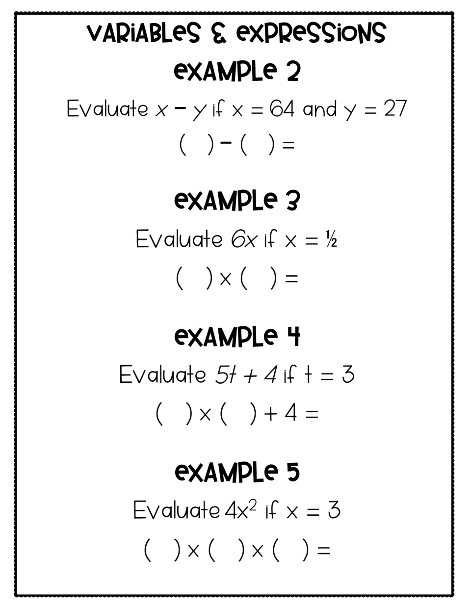 Substitution examples: students evaluate x − y, 6x, 5t + 4 and 4x² by replacing each letter with the given value