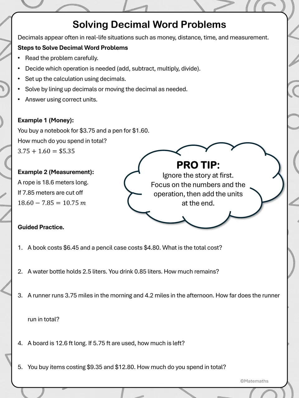 Decimal problem-solving notes: five steps, worked money and measurement examples, and guided practice 1–5