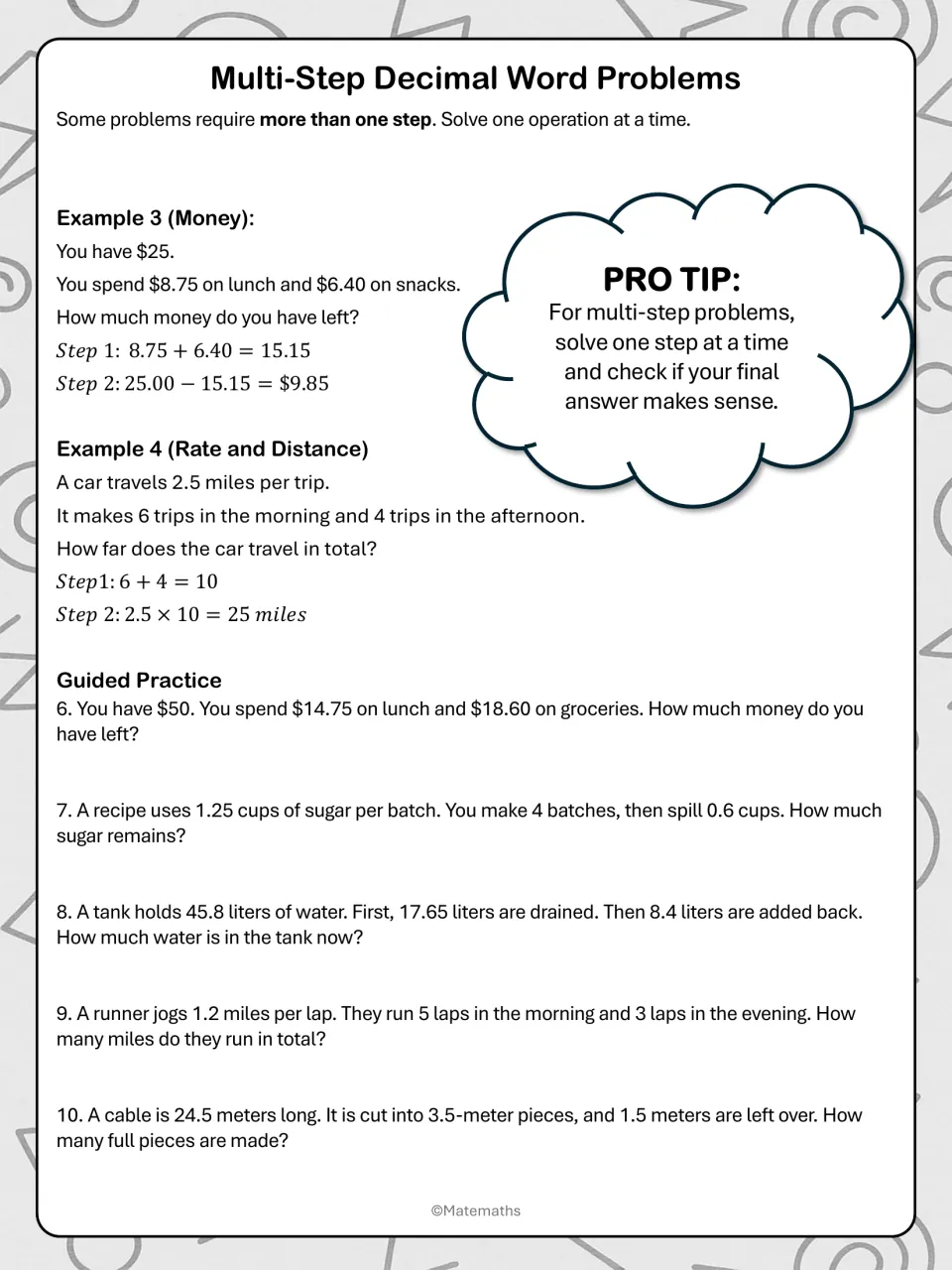 Multi-step decimal notes: worked spending and car trip examples, a solving tip, and guided practice 6–10
