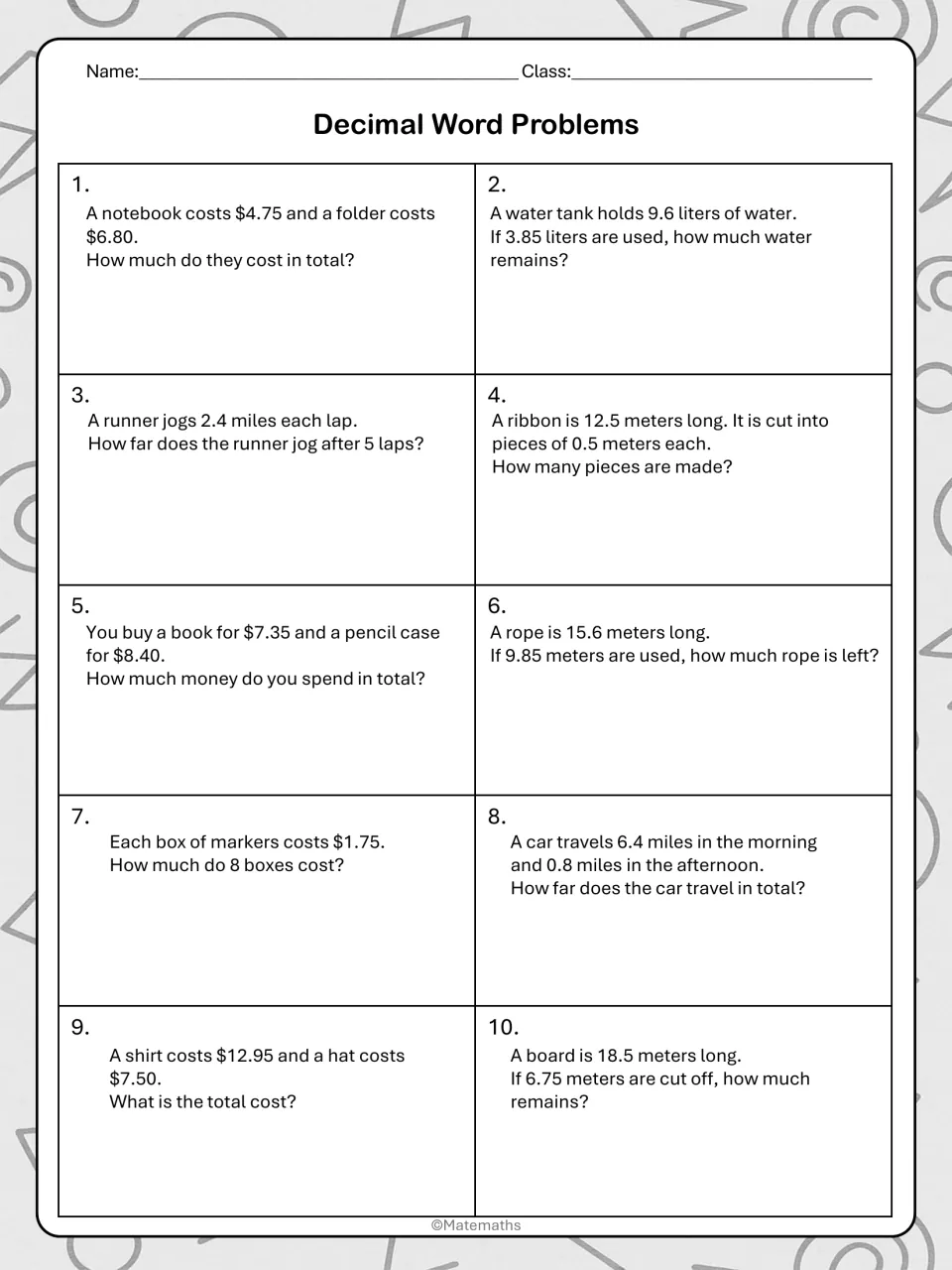 Independent decimal practice 1–10: one-step problems about prices, water, running laps, ribbon, and rope