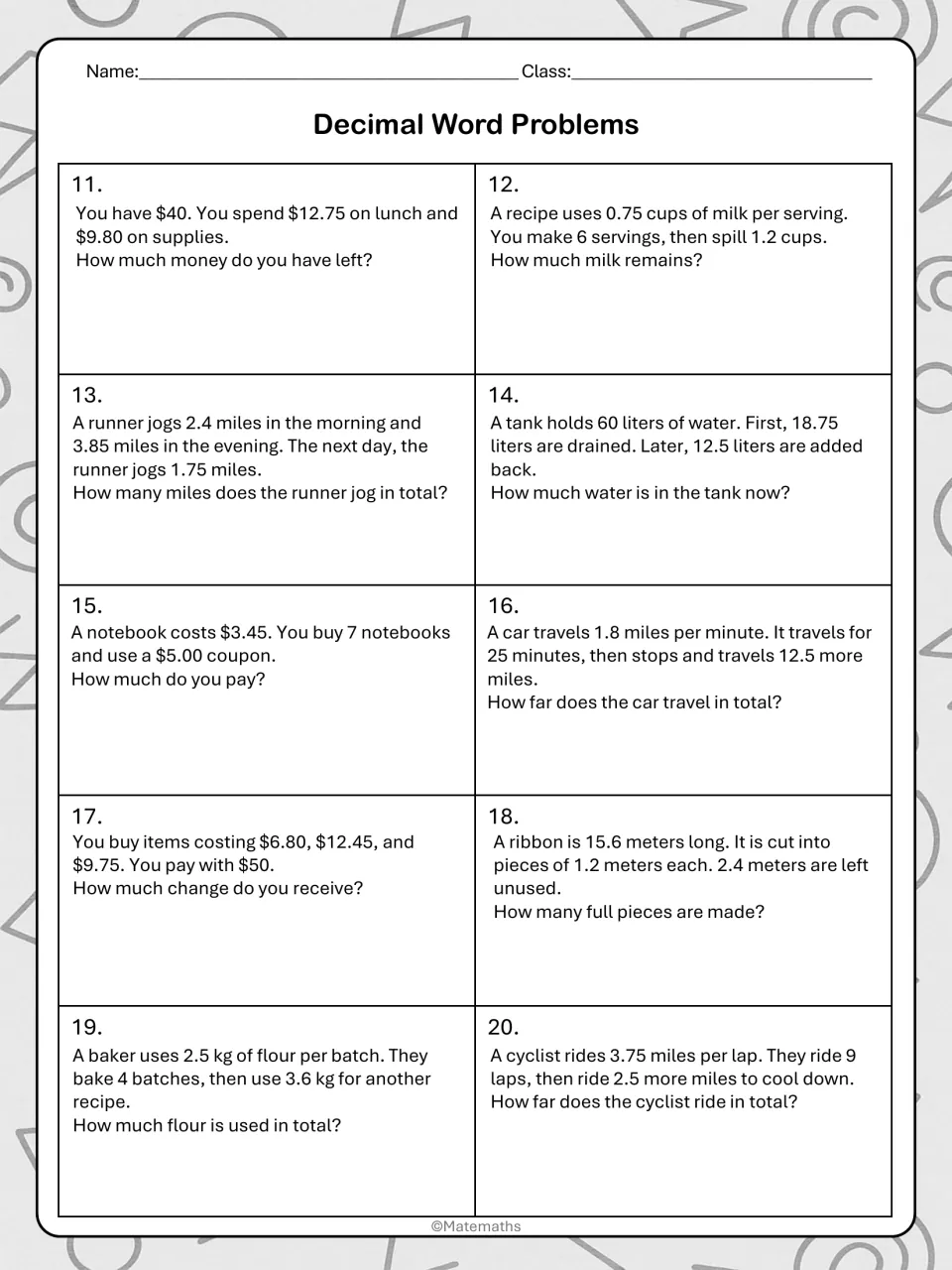 Independent decimal practice 11–20: multi-step problems about spending, recipes, distance, water, and ribbon