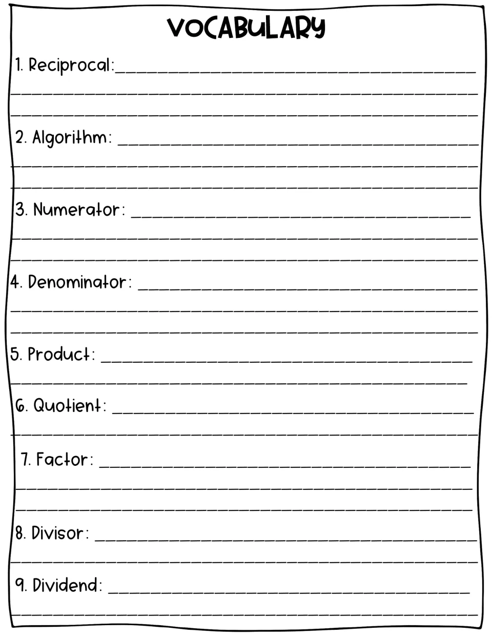 Fraction division vocabulary: students write definitions for reciprocal, algorithm, quotient, divisor, dividend and more
