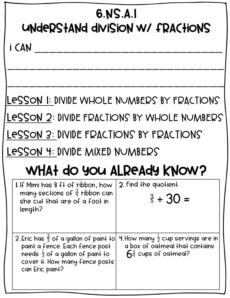 Understand division with fractions: I can goal, four lesson titles and four What Do You Already Know? problems