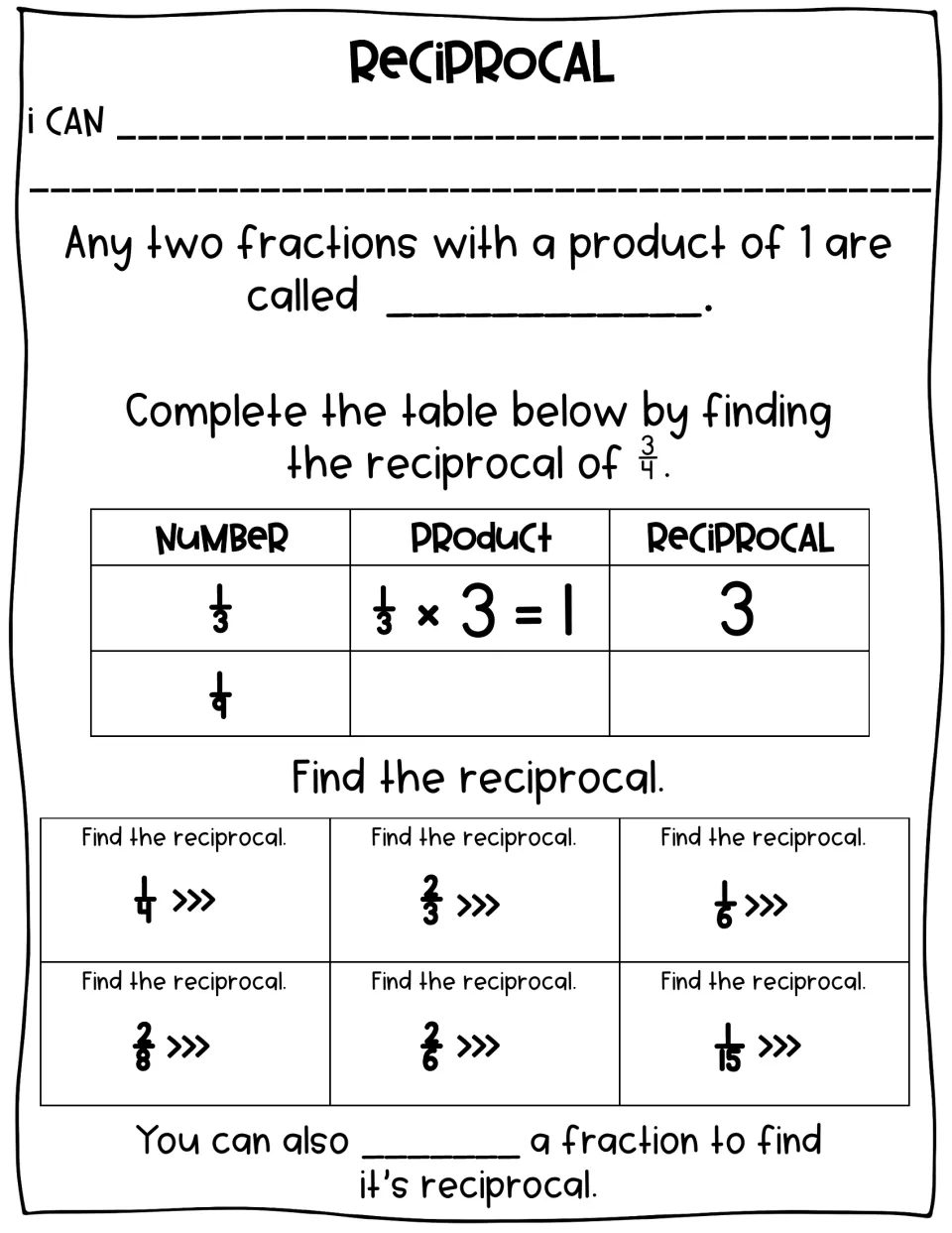 Reciprocals: students fill in the definition, complete a number-product-reciprocal table and find six fraction reciprocals