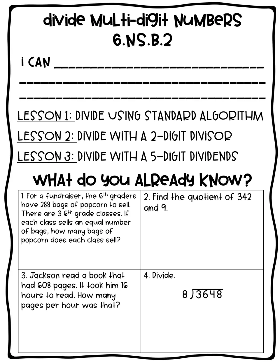 Unit opener: fill-in I can statement, three lesson titles, and four division pretest problems such as 608 pages in 16 hours