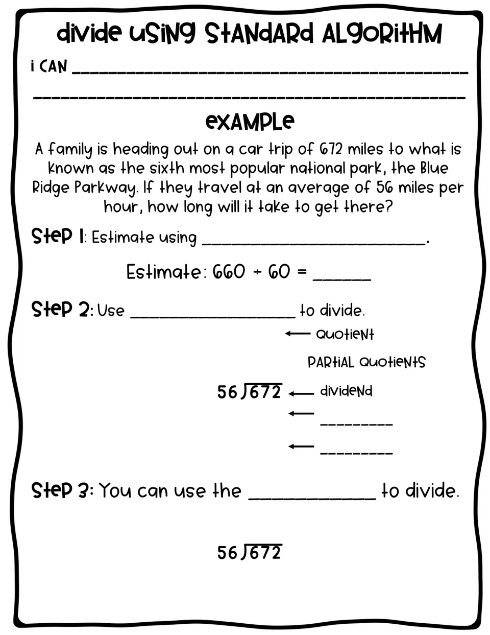 Standard algorithm example: 672 miles at 56 mph; students estimate 660 ÷ 60, use partial quotients, then long division