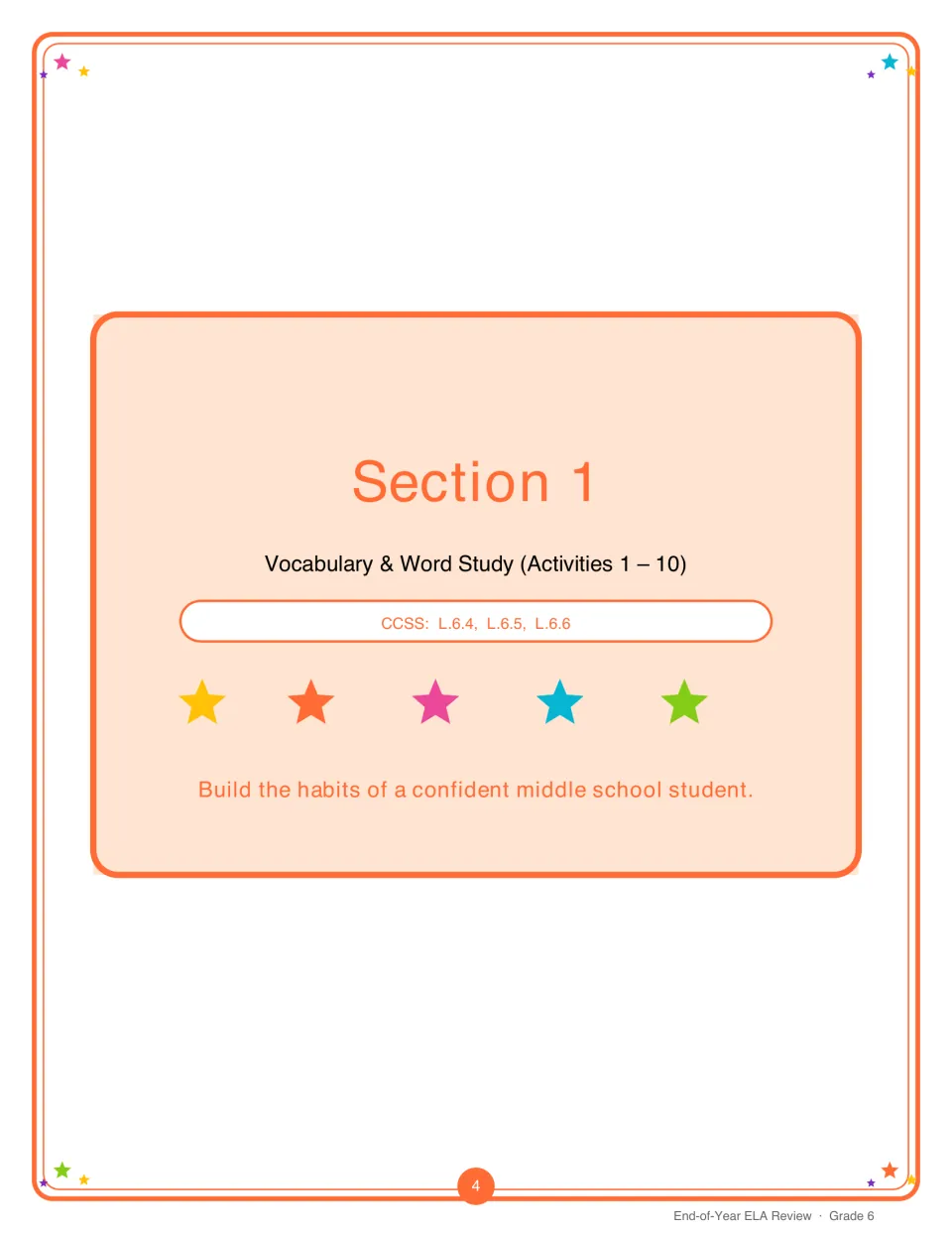 Section 1 title page: Vocabulary & Word Study, Activities 1 to 10, with a tagline about middle school habits