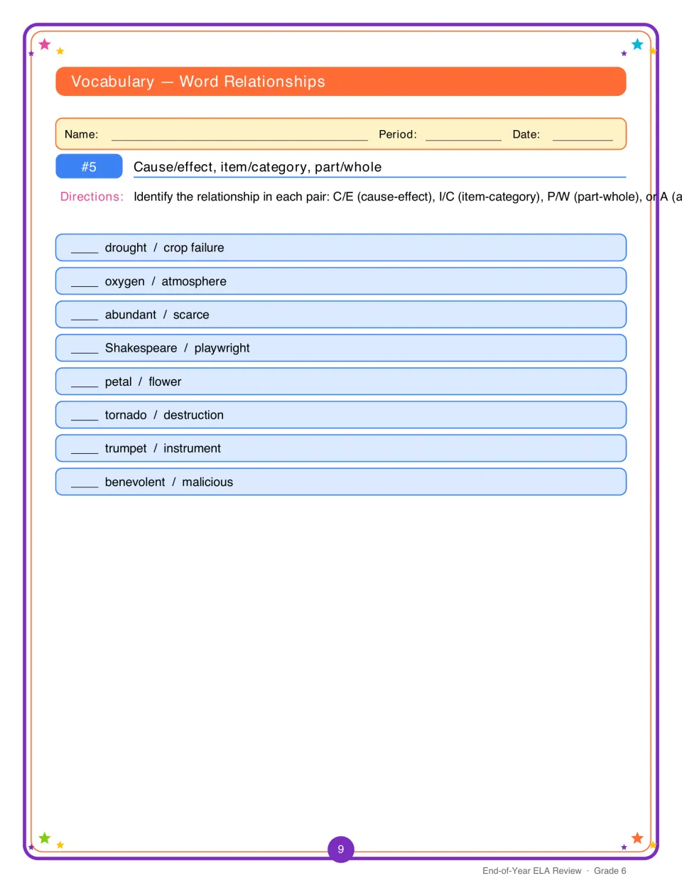 Word relationships, activity 5: students label eight pairs as cause-effect, item-category, part-whole and more