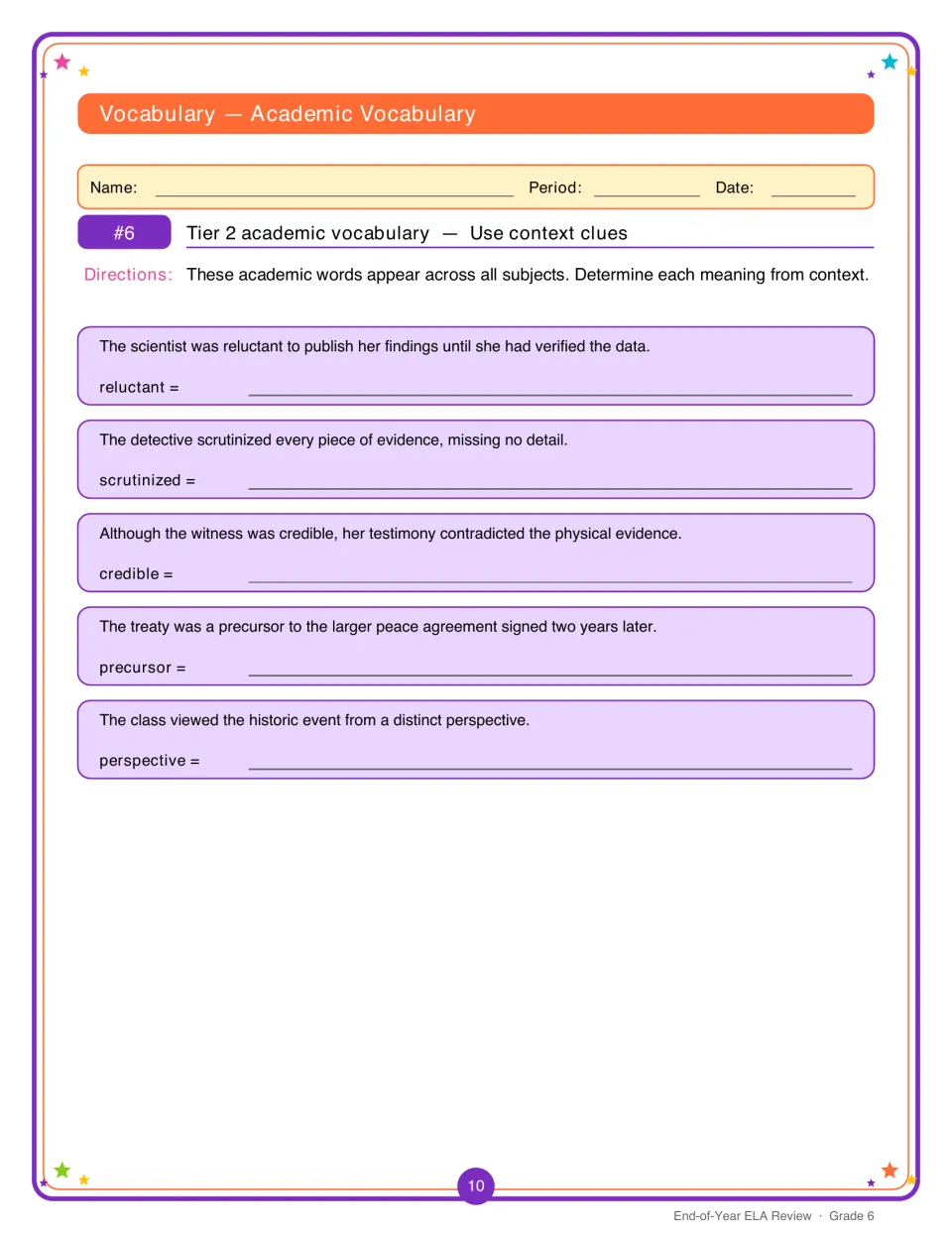 Tier 2 academic vocabulary, activity 6: students use context clues to define reluctant, credible, precursor and more