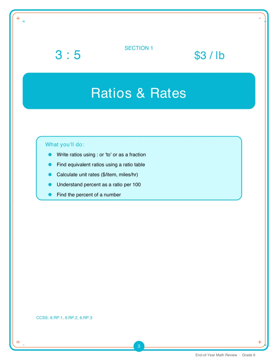 Section 1 Ratios & Rates opener: write ratios, ratio tables, unit rates, percent per 100 and percent of a number