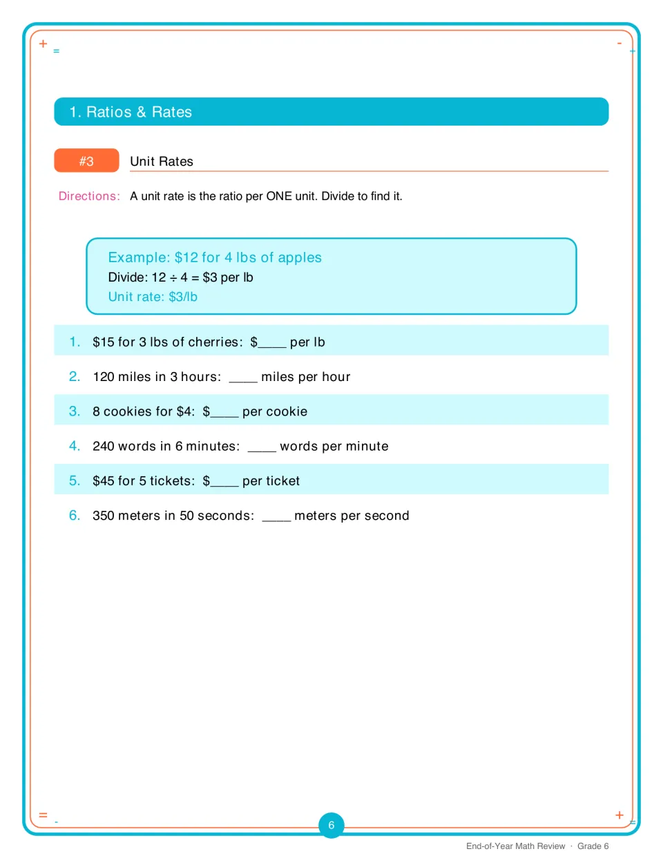 Unit Rates: students divide to find price per pound, miles per hour, words per minute and more in six word problems