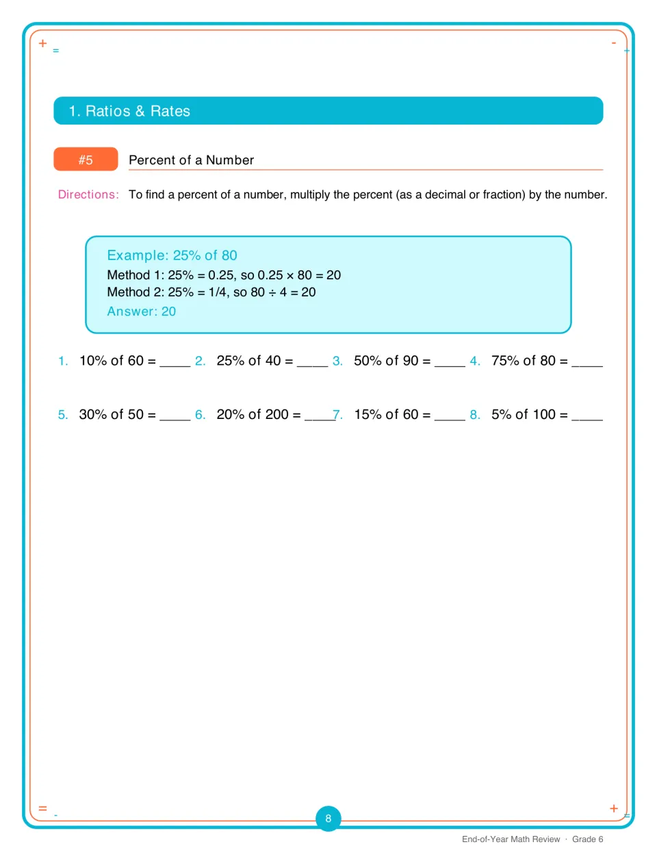 Percent of a Number: students find eight percents such as 10% of 60 and 75% of 80, after a two-method worked example