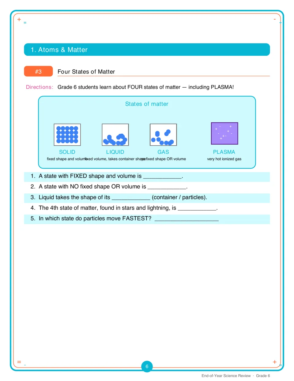 Four states of matter: students compare particle models of solid, liquid, gas and plasma, then answer 5 fill-in questions