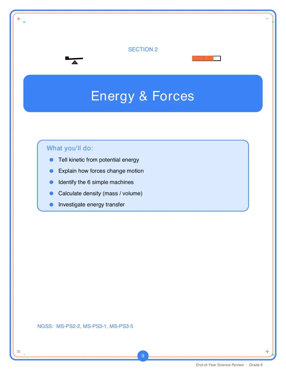 Section 2 opener, Energy & Forces: goals for kinetic vs potential energy, forces and motion, simple machines and density