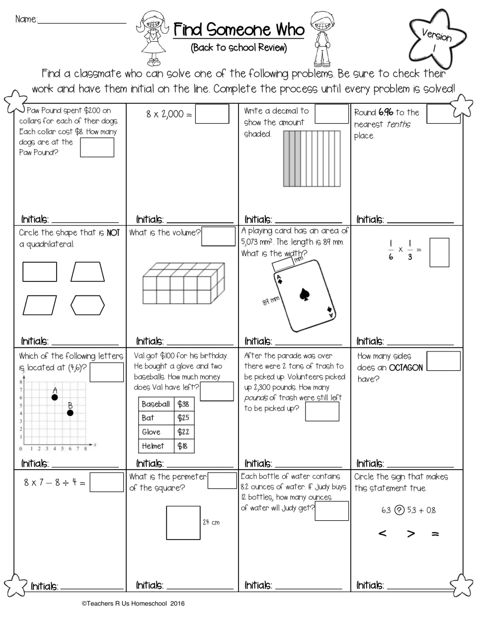 Version 1 math review: classmates solve and initial 16 problems on decimals, volume, area, fractions and order of operations