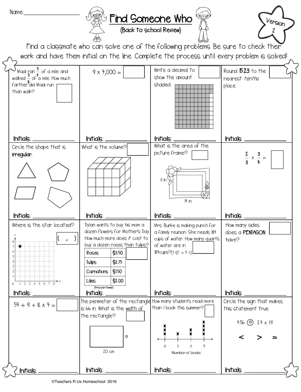 Version 2 math review: classmates solve 16 problems on fraction subtraction, rounding 15.23, perimeter and a line plot